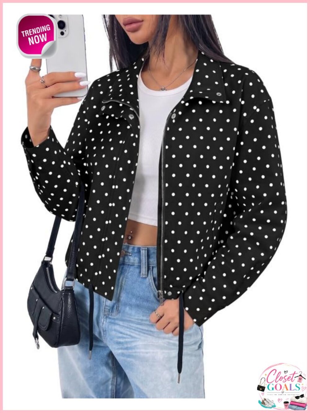 Polka Dot Cropped Jacket Full Zip Funnel Neck Pockets Casual